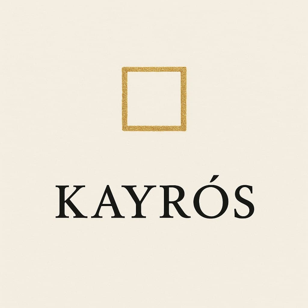 Book cover: KAYRÓS, gold square on ivory